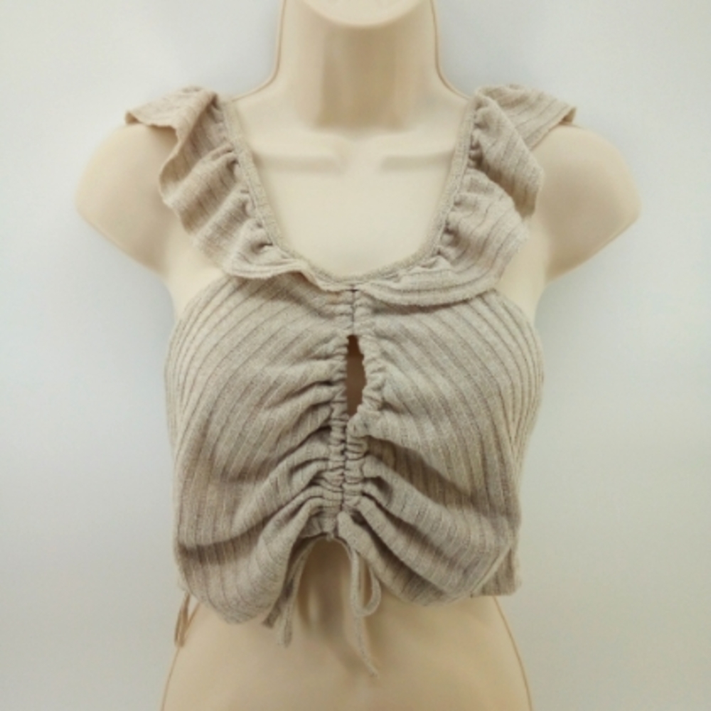 Zara Trafaluc Ruffle Nude Tan Rushed Ribbed Crop Top Large - Picture 2 of 9
